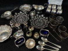 ASSORTED SILVER TABLE CONDIMENTS, BONBON DISHES & NAPKIN RINGS, including a number boxed set of sixe