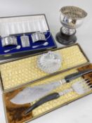 ASSORTED SILVER TABLEWARES, including Elizabeth II boxed three-piece cruet set in the Georgian