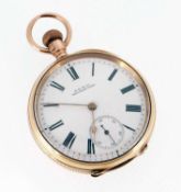 18K GOLD WALTHAM POCKET WATCH, open faced & top wind, white Roman dial with subsidiary seconds and