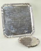 TWO PRESENTATION PLATTERS, comprising an Indian plated square salver engraved with signatures of