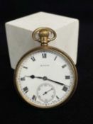 9CT GOLD OPEN FACED POCKET WATCH, the white enamel face marked 'State' and having Roman numerals,