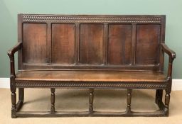 ANTIQUE OAK SETTLE/OPEN BENCH with five fielded panel back and carved detail top and front, the open
