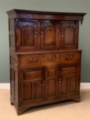 ANTIQUE OAK DEUDDARN, the upper section with three shaped panel doors, the base with three drawers