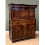 ANTIQUE OAK DEUDDARN, the upper section with three shaped panel doors, the base with three drawers