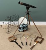 VINTAGE ASSORTED ITEMS including a telescope on a tripod stand, tennis and badminton racquets,