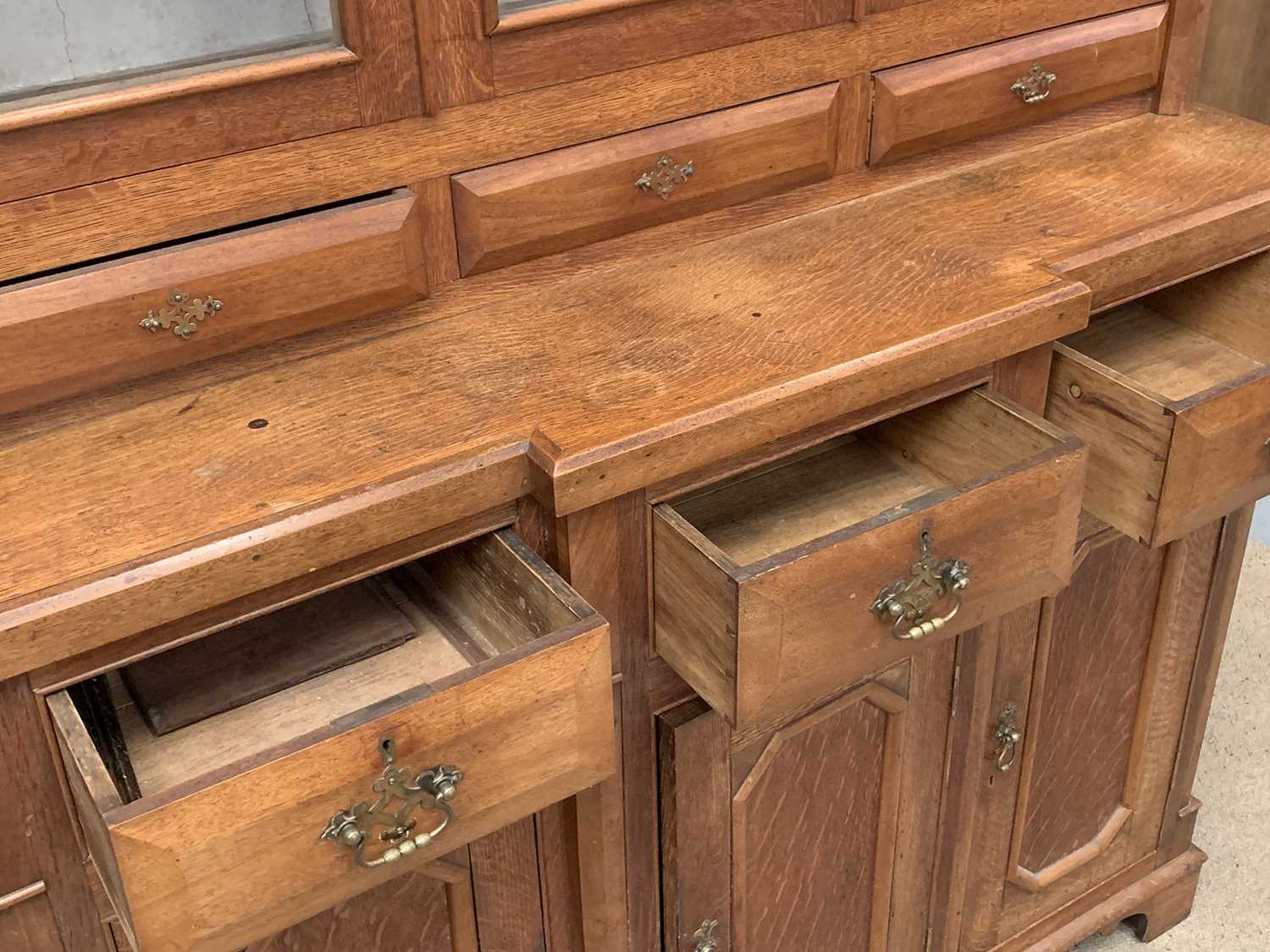 VINTAGE OAK BOOKCASE CUPBOARD, the upper section with two arched glazed doors, and a central - Image 2 of 5