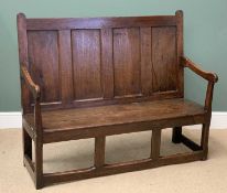 PERIOD OAK OPEN ARM BENCH having a four fielded panel back and an open base, previously on display