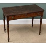 EDWARDIAN SIDE TABLE with single long drawer, on turned and tapered supports, 72cms H, 93cms W,