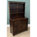 JAYCEE LINENFOLD DRESSER having a three shelf rack over a base of two drawers and two cupboards,