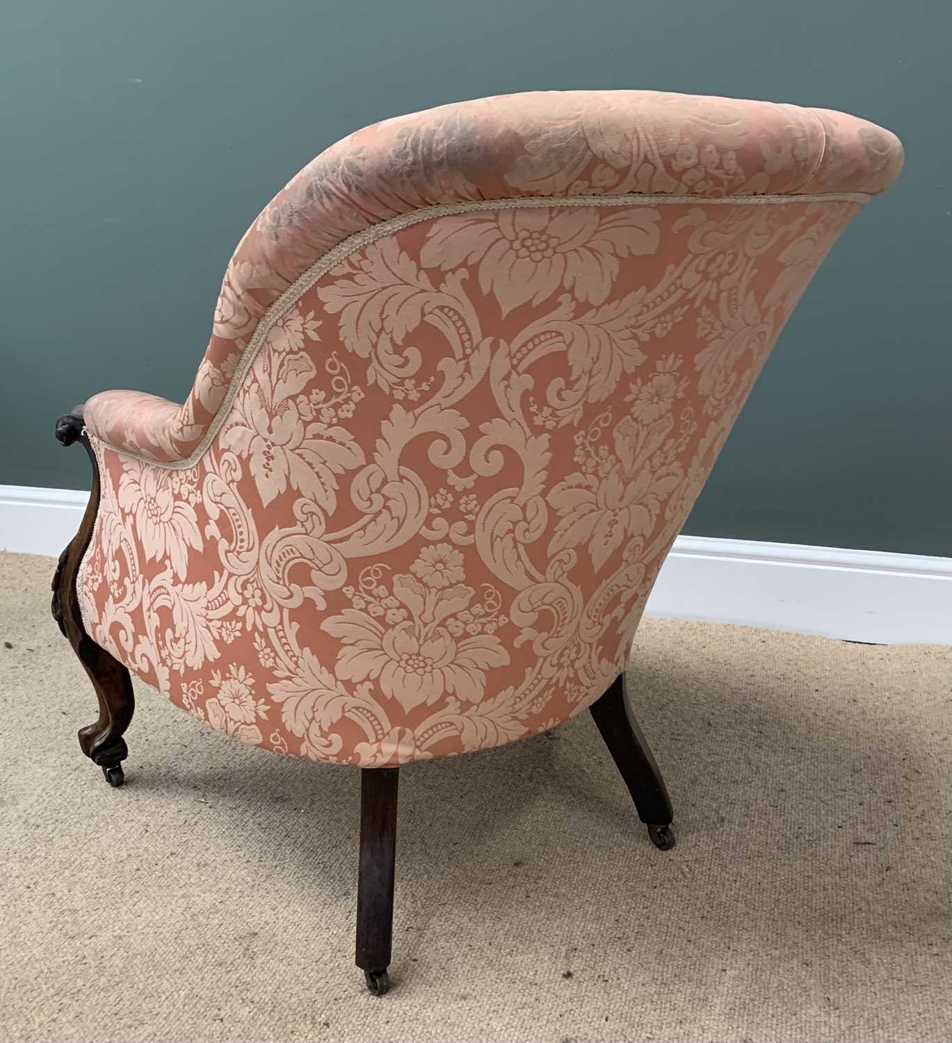 ANTIQUE SALON ARMCHAIR, button backed, pink upholstery with scrolled arms and feet, 89cms H, 70cms - Image 2 of 3