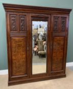 FINE EXAMPLE TRIPLE WARDROBE, burr walnut and carved, having inner drawers, shelves and a central