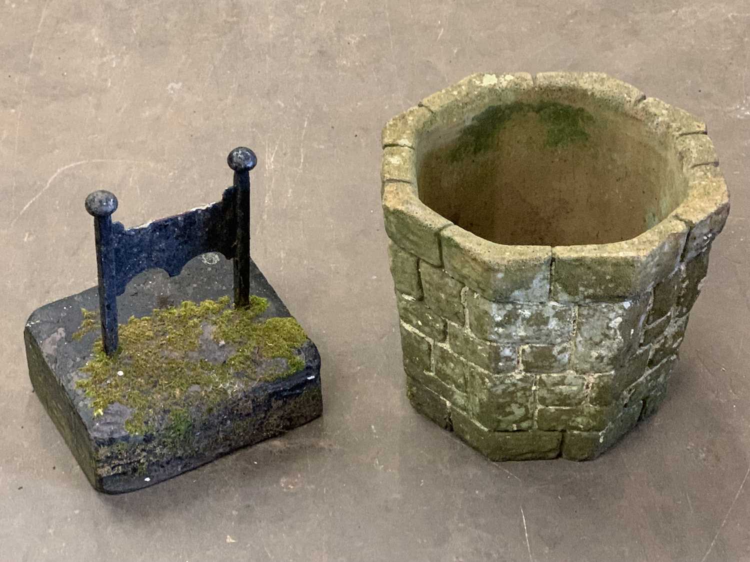 VINTAGE STONE BOOT SCRAPER with slate base and a large stoneware planter, 36 x 40cms