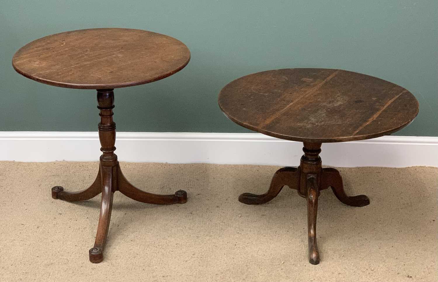 ANTIQUE OAK CIRCULAR TILT TOP TABLE on a tripod base, 57cms H, 80cms diameter and a similar taller