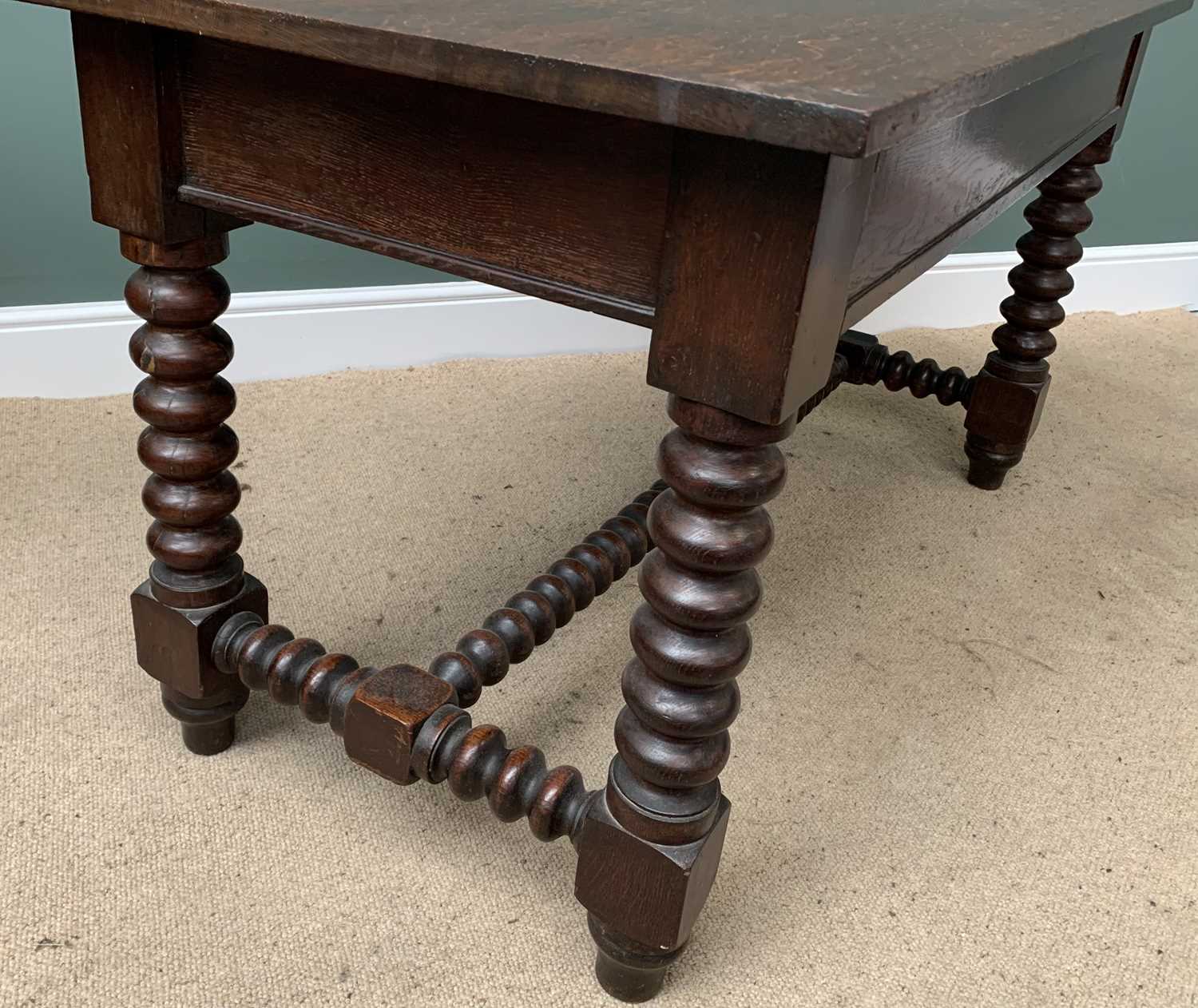 ANTIQUE OAK ALTAR TYPE TABLE on bobbin supports and stretcher, 77cms H, 143cms W, 70cms D - Image 2 of 3