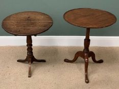 ANTIQUE TILT TOP TRIPOD TABLES, a mahogany example, 71cms H, 59cms diameter and a four plank oak