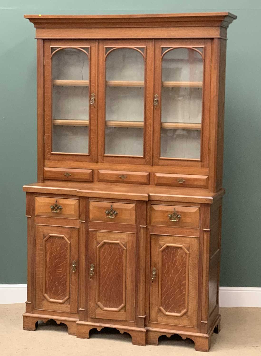 VINTAGE OAK BOOKCASE CUPBOARD, the upper section with two arched glazed doors, and a central