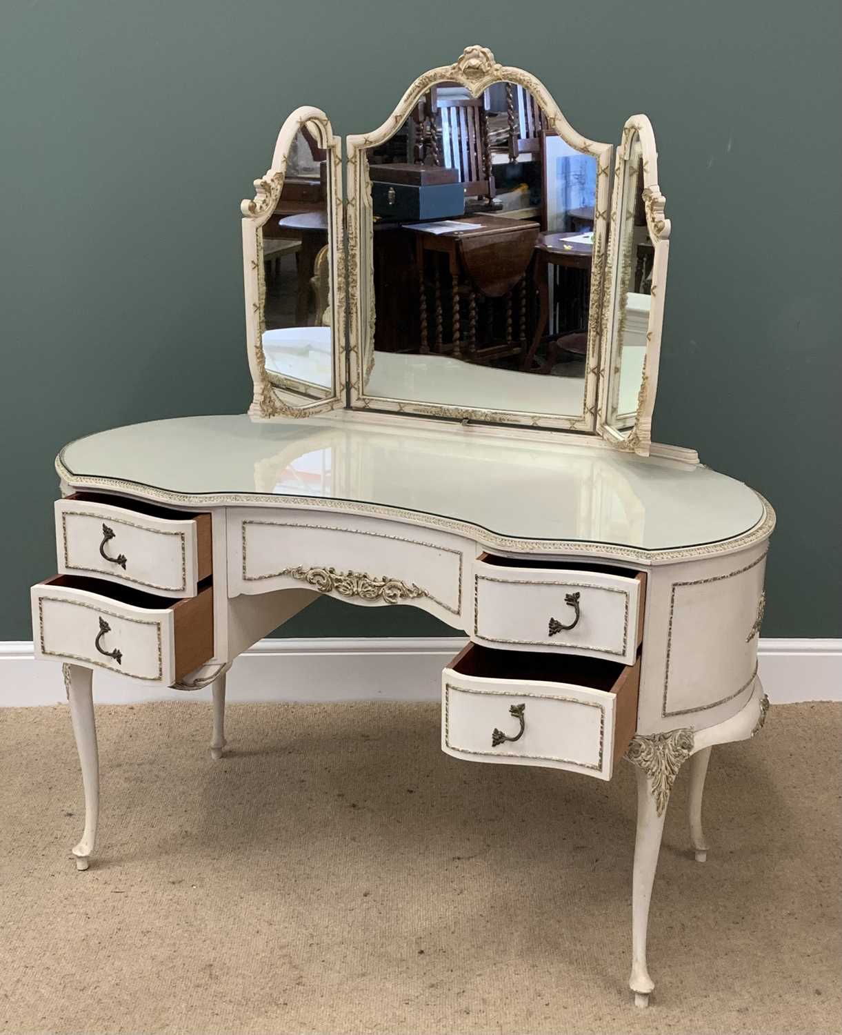 FRENCH PROVINCIAL STYLE KIDNEY SHAPE DRESSING TABLE, 146cms H, 126cms W, 66cms D and two other white - Image 3 of 3