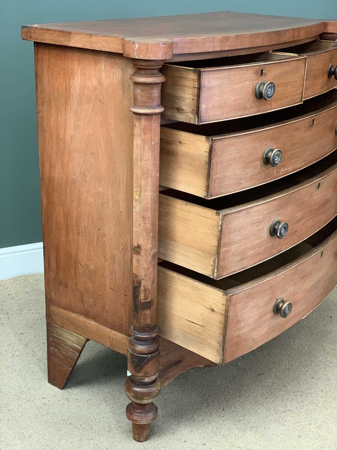 VICTORIAN MAHOGANY BOW FRONT SCOTTISH CHEST of two over three long drawers, on turned supports, - Image 5 of 5