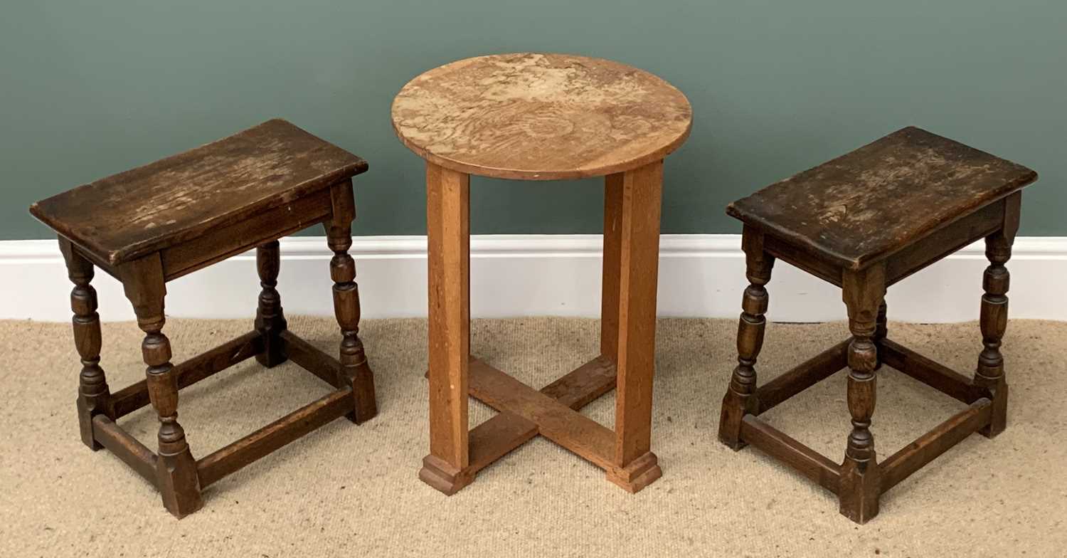 NEAR PAIR OF RUSTIC STOOLS, 45cms H, 44cms W, 24cms D and a circular top light wood side table,