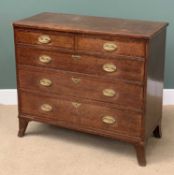 19TH CENTURY OAK CHEST of two over three long drawers, brass drop handles and splayed feet, 99cms H,