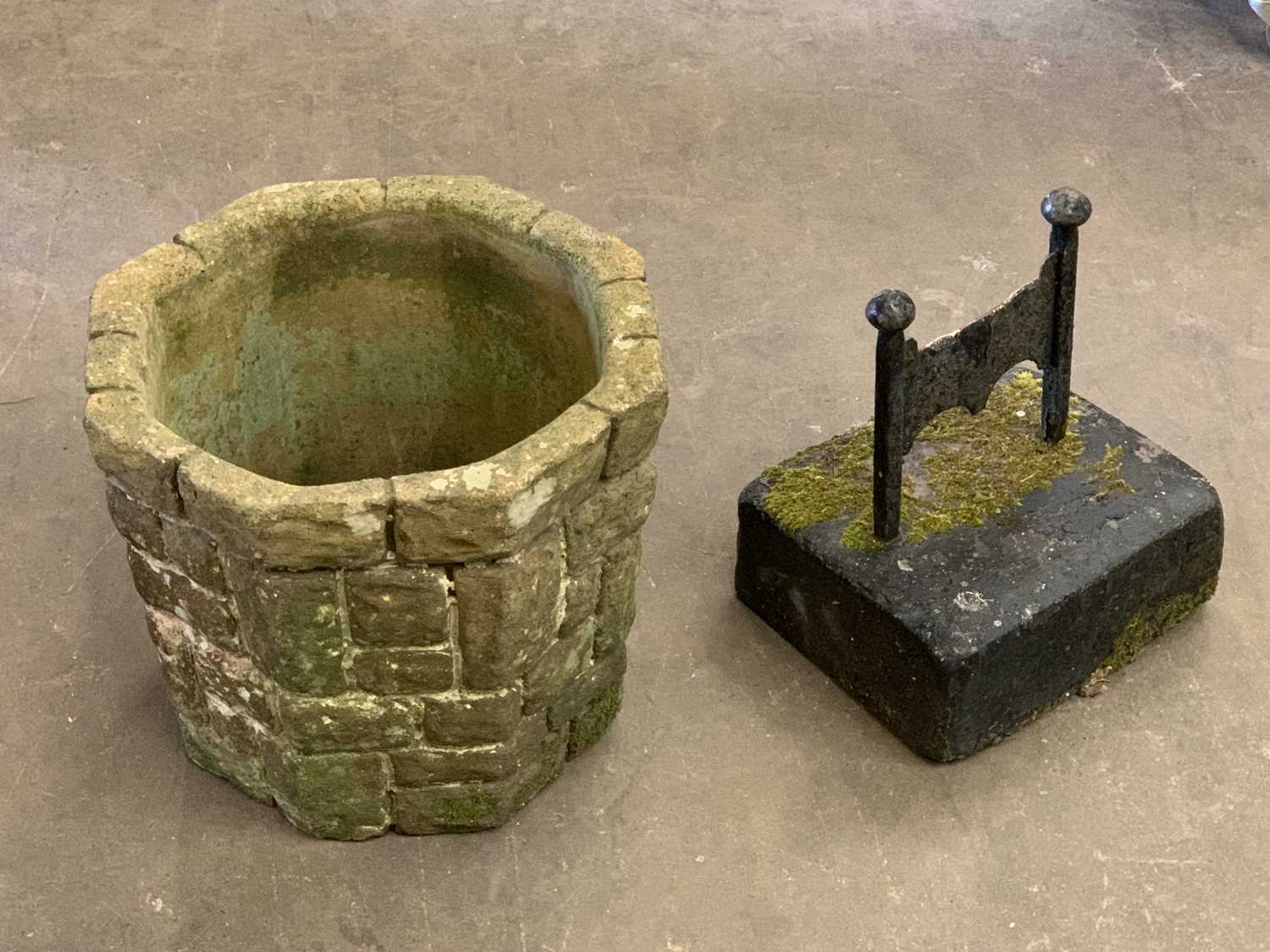 VINTAGE STONE BOOT SCRAPER with slate base and a large stoneware planter, 36 x 40cms - Image 2 of 2