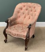ANTIQUE SALON ARMCHAIR, button backed, pink upholstery with scrolled arms and feet, 89cms H, 70cms