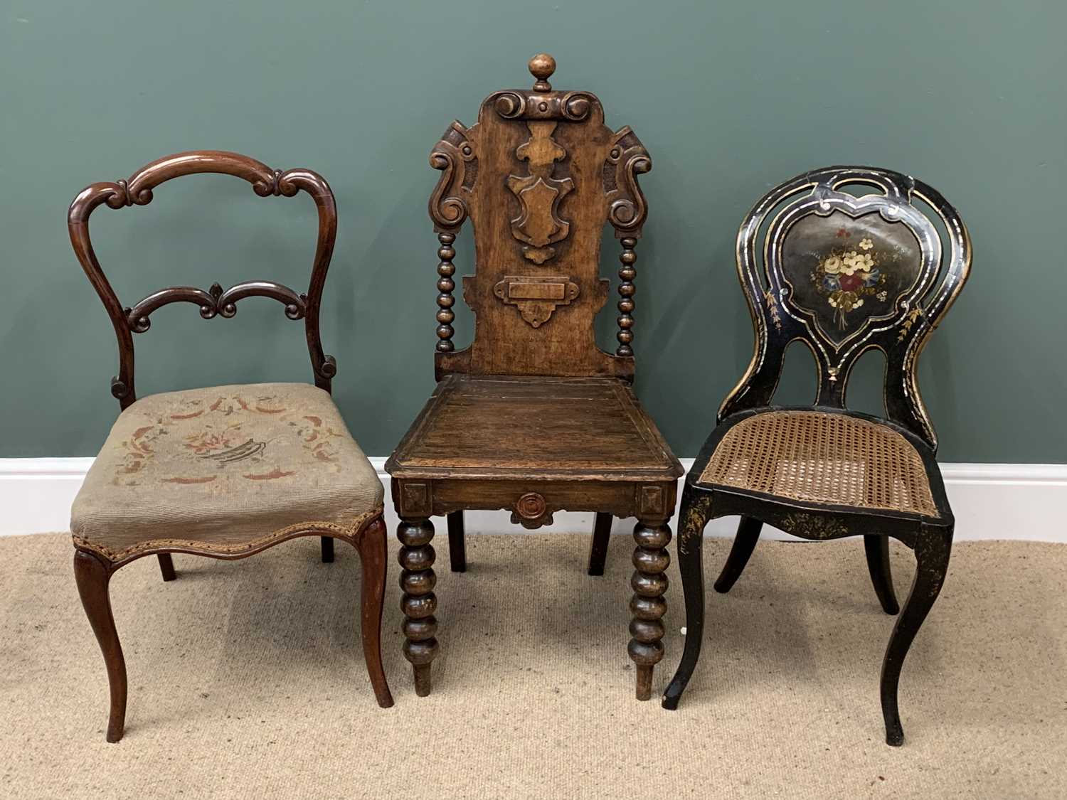 ANTIQUE CHAIR ASSORTMENT (9) to include ornate ebonized elbow chair, a twist and bobbin shield - Image 5 of 5