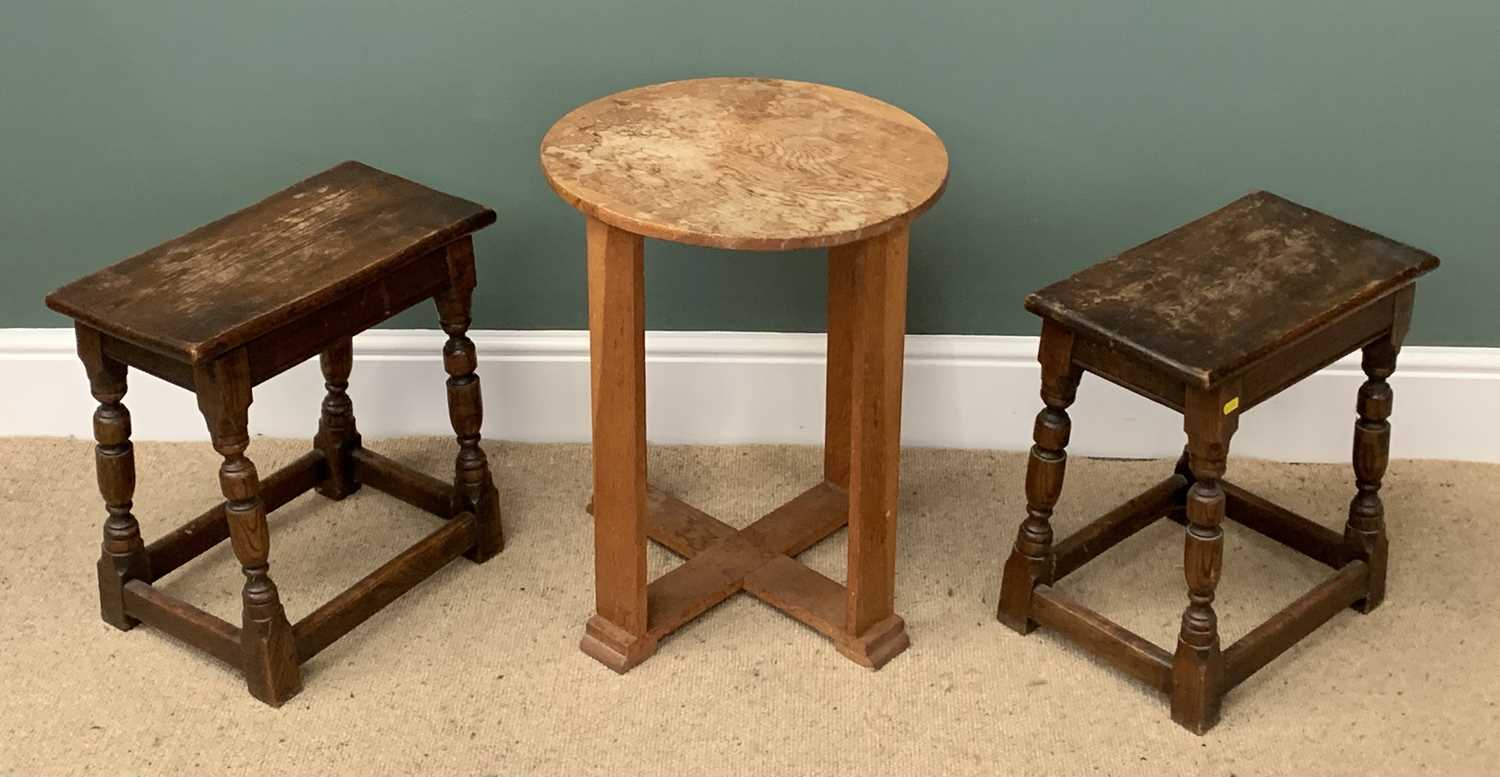 NEAR PAIR OF RUSTIC STOOLS, 45cms H, 44cms W, 24cms D and a circular top light wood side table, - Image 2 of 2