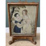 TAPESTRY FIRESCREEN, a fine antique walnut example depicting two ladies, on claw feet, 82cms H,