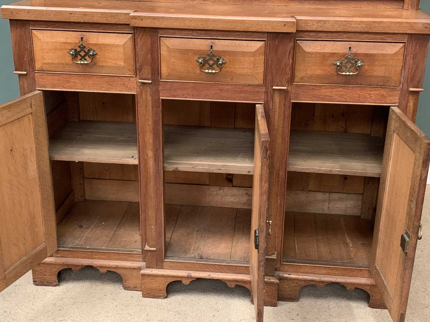 VINTAGE OAK BOOKCASE CUPBOARD, the upper section with two arched glazed doors, and a central - Image 3 of 5