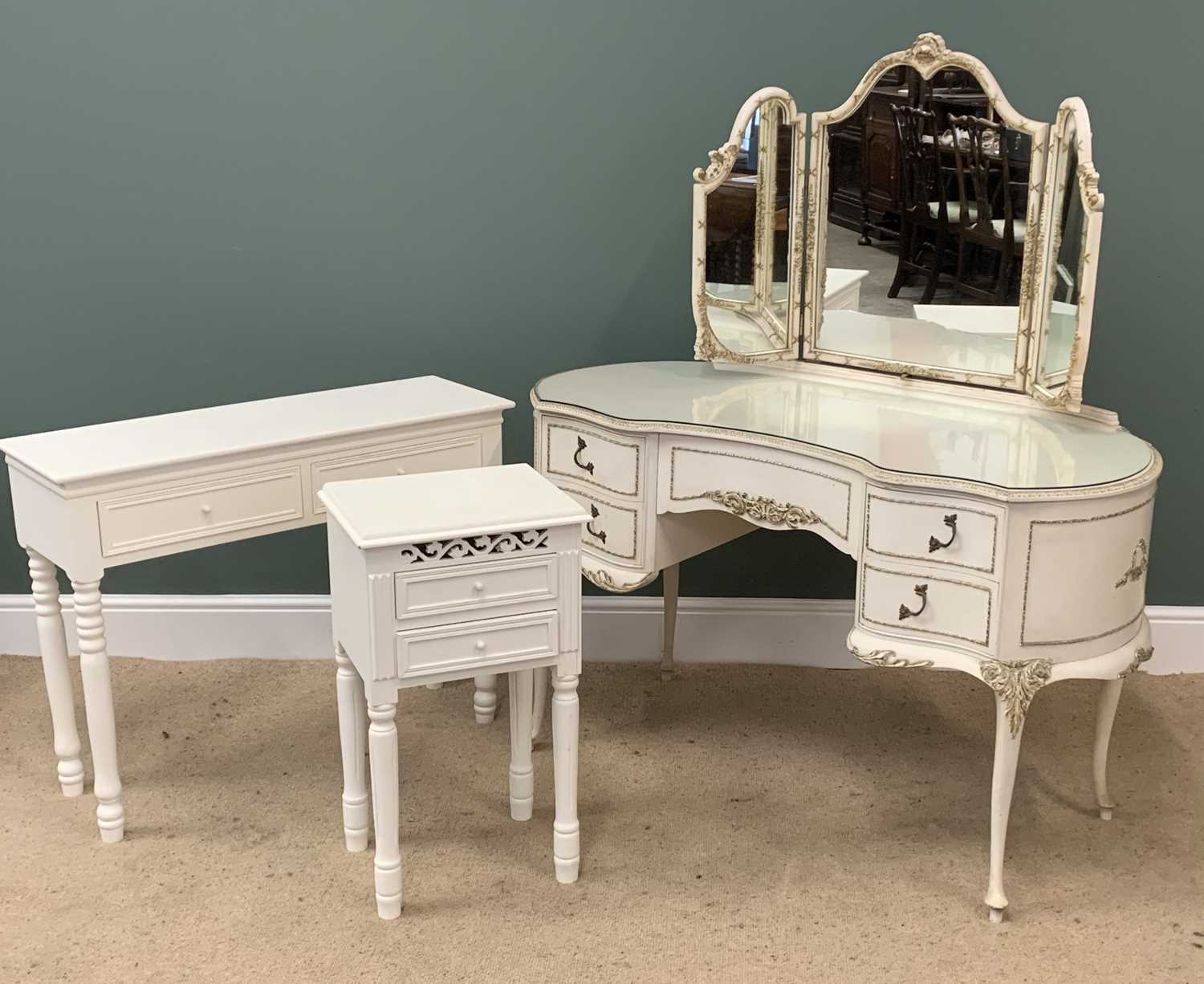 FRENCH PROVINCIAL STYLE KIDNEY SHAPE DRESSING TABLE, 146cms H, 126cms W, 66cms D and two other white