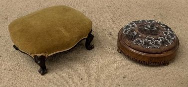 ANTIQUE FOOTSTOOLS (2) - one oblong and one circular, tapestry topped