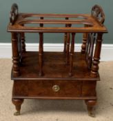REPRODUCTION BURR WALNUT CANTERBURY with base drawer and on brass castors, 61cms H, 50cms W, 38cms