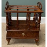 REPRODUCTION BURR WALNUT CANTERBURY with base drawer and on brass castors, 61cms H, 50cms W, 38cms