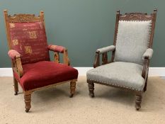 EDWARDIAN OAK ARMCHAIRS, a near pair, one in red upholstery the other in grey, 111cms H, 69cms W,