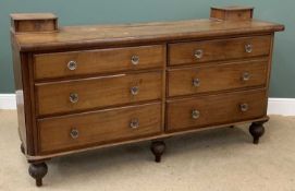 ANTIQUE MAHOGANY CHEST of six long drawers (converted sideboard), on turned supports, 104cms H,