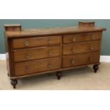 ANTIQUE MAHOGANY CHEST of six long drawers (converted sideboard), on turned supports, 104cms H,