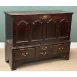 GEORGIAN OAK MULE CHEST having four carved arched panels over a four drawer base, 111cms H, 141cms
