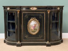 VICTORIAN EBONIZED CREDENZA with bowed twin glazed doors either side of Corinthian capped reeded