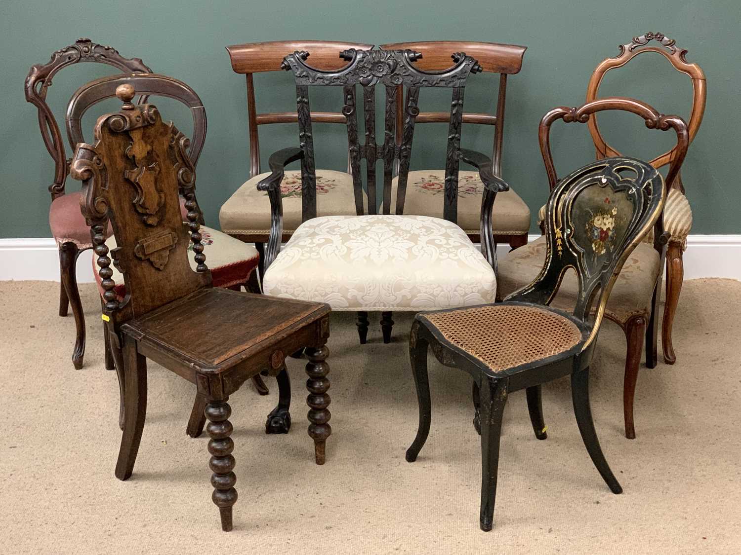 ANTIQUE CHAIR ASSORTMENT (9) to include ornate ebonized elbow chair, a twist and bobbin shield