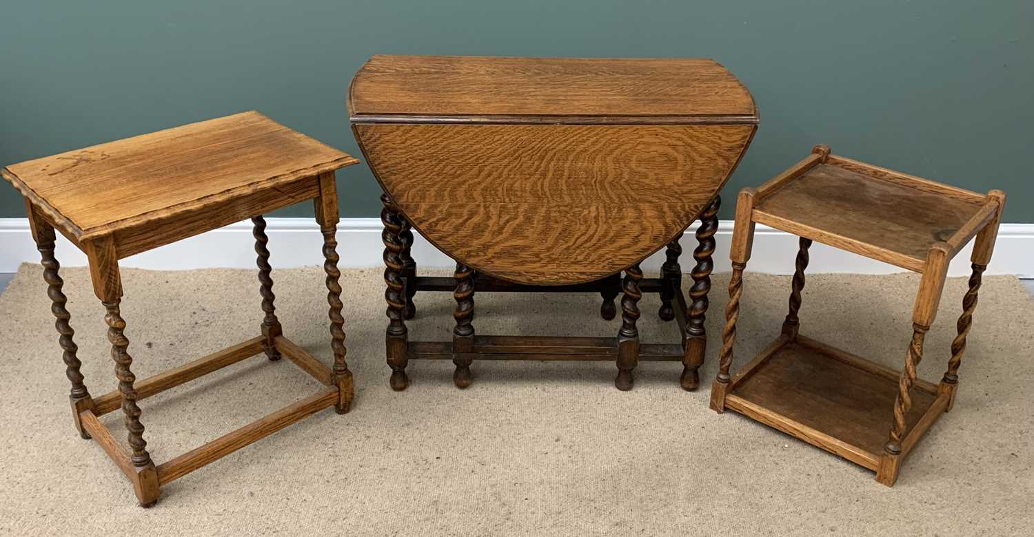 FURNITURE ASSORTMENT - three barley twist tables, a gateleg dining table, 74cms H, 46cms W, 91cms