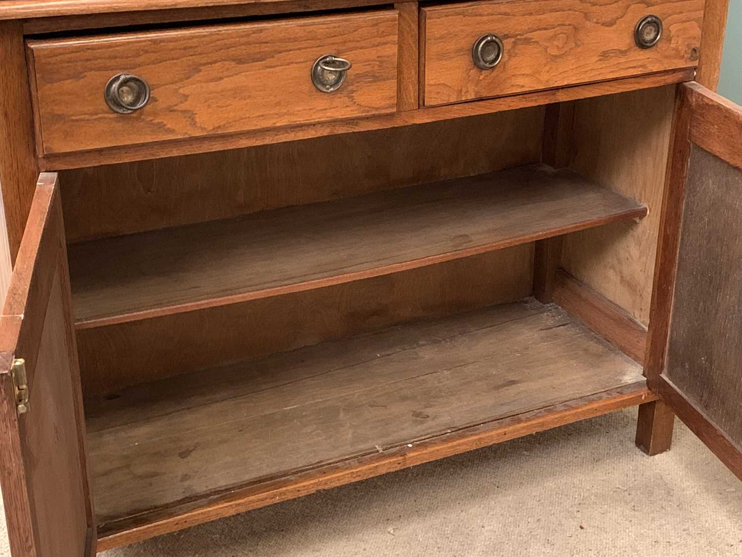 MID CENTURY OAK BOOKCASE CUPBOARD, the twin glazed door top with interior adjustable shelves and the - Image 2 of 4