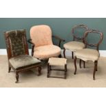 ANTIQUE CHAIR ASSORTMENT comprising upholstered nursing type chair, pink upholstered armchair and