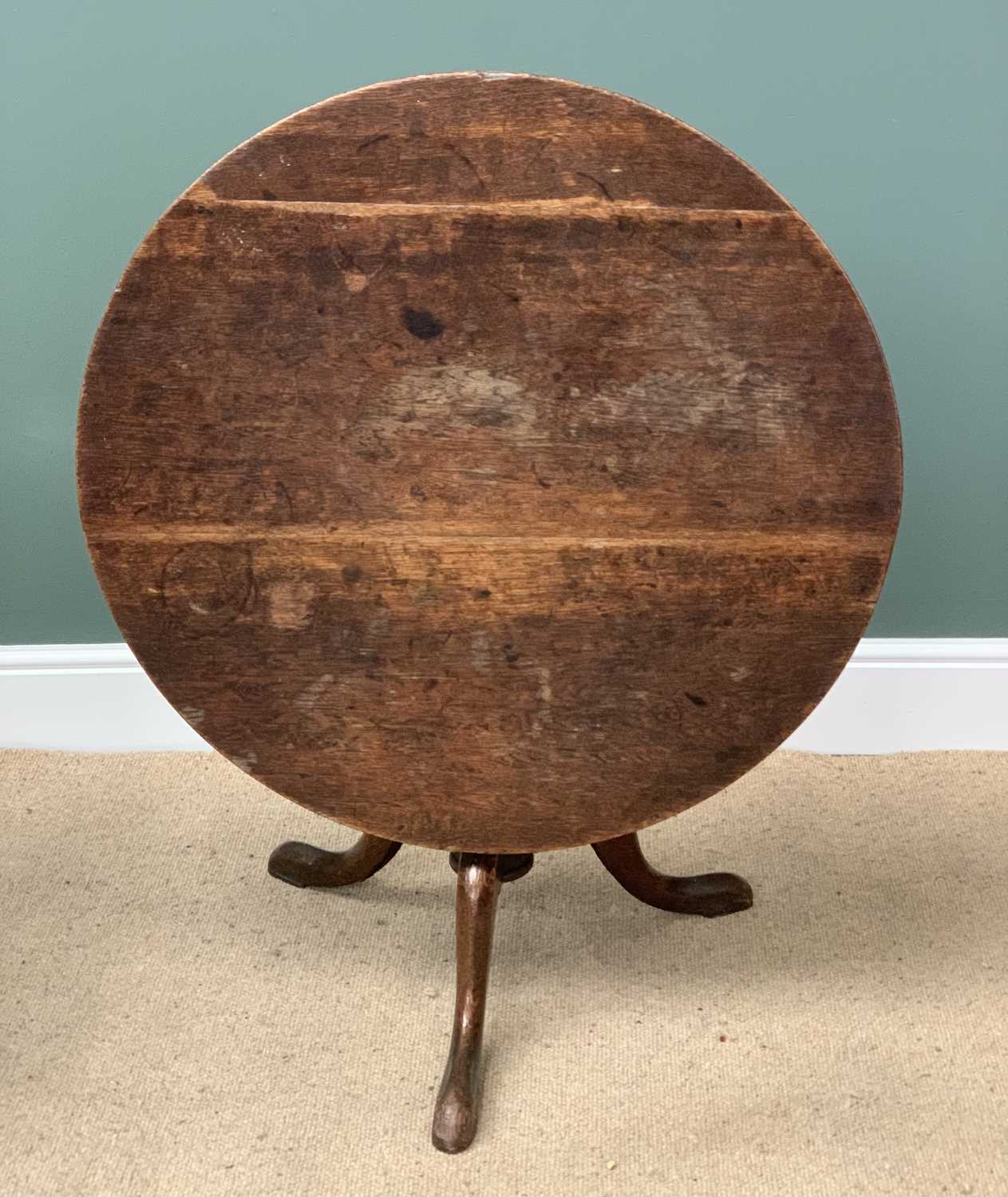 ANTIQUE OAK CIRCULAR TILT TOP TABLE on a tripod base, 57cms H, 80cms diameter and a similar taller - Image 2 of 6