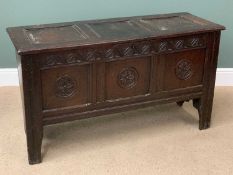 19th CENTURY OAK COFFER with three fielded panels to the top, carved circular detail to the front