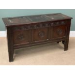 19th CENTURY OAK COFFER with three fielded panels to the top, carved circular detail to the front