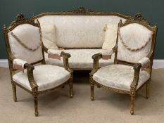 FRENCH STYLE 3 PIECE SALON SUITE comprising ornate gilt framed sofa, 109cms H, 168cms W, 62cms D and