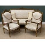 FRENCH STYLE 3 PIECE SALON SUITE comprising ornate gilt framed sofa, 109cms H, 168cms W, 62cms D and