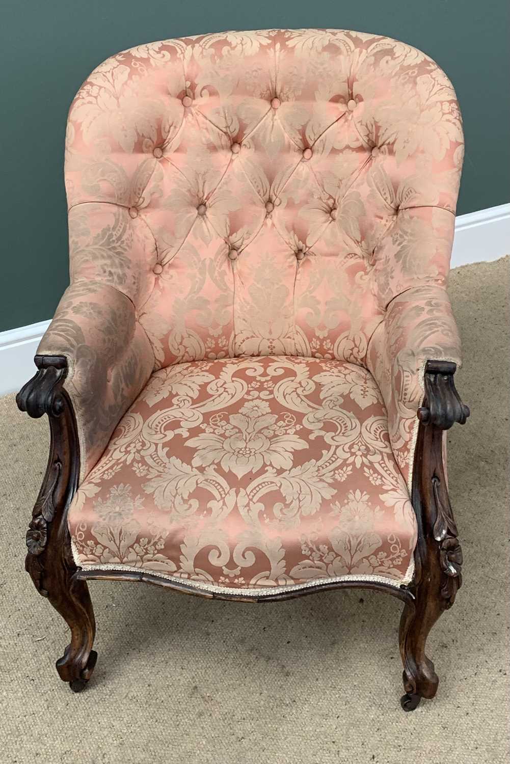 ANTIQUE SALON ARMCHAIR, button backed, pink upholstery with scrolled arms and feet, 89cms H, 70cms - Image 3 of 3