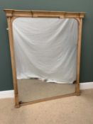 LARGE OVERMANTEL MIRROR - antique pine with stepped plinth, 163 x 138cms